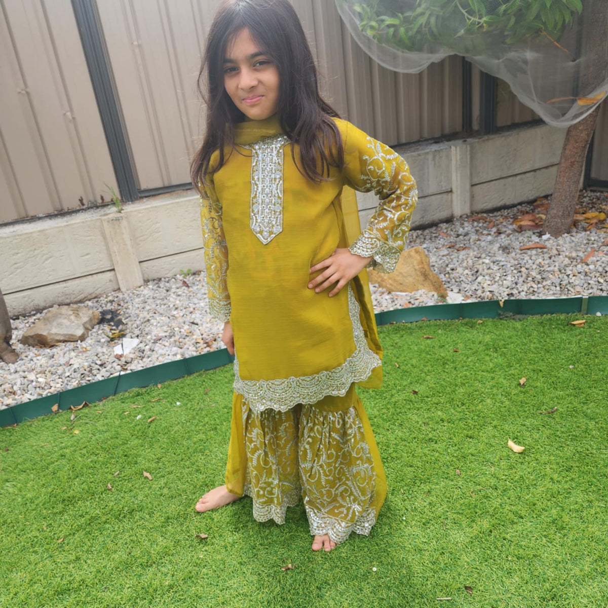 Olive Green Chiffon Kids Sharara Suit – Ethnic Wear for Girls