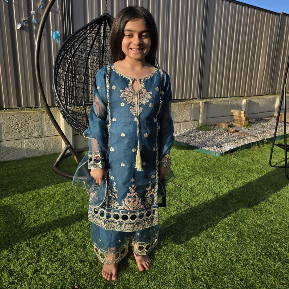 Sea Green Silk Kids Sharara Suit – Festive Elegance