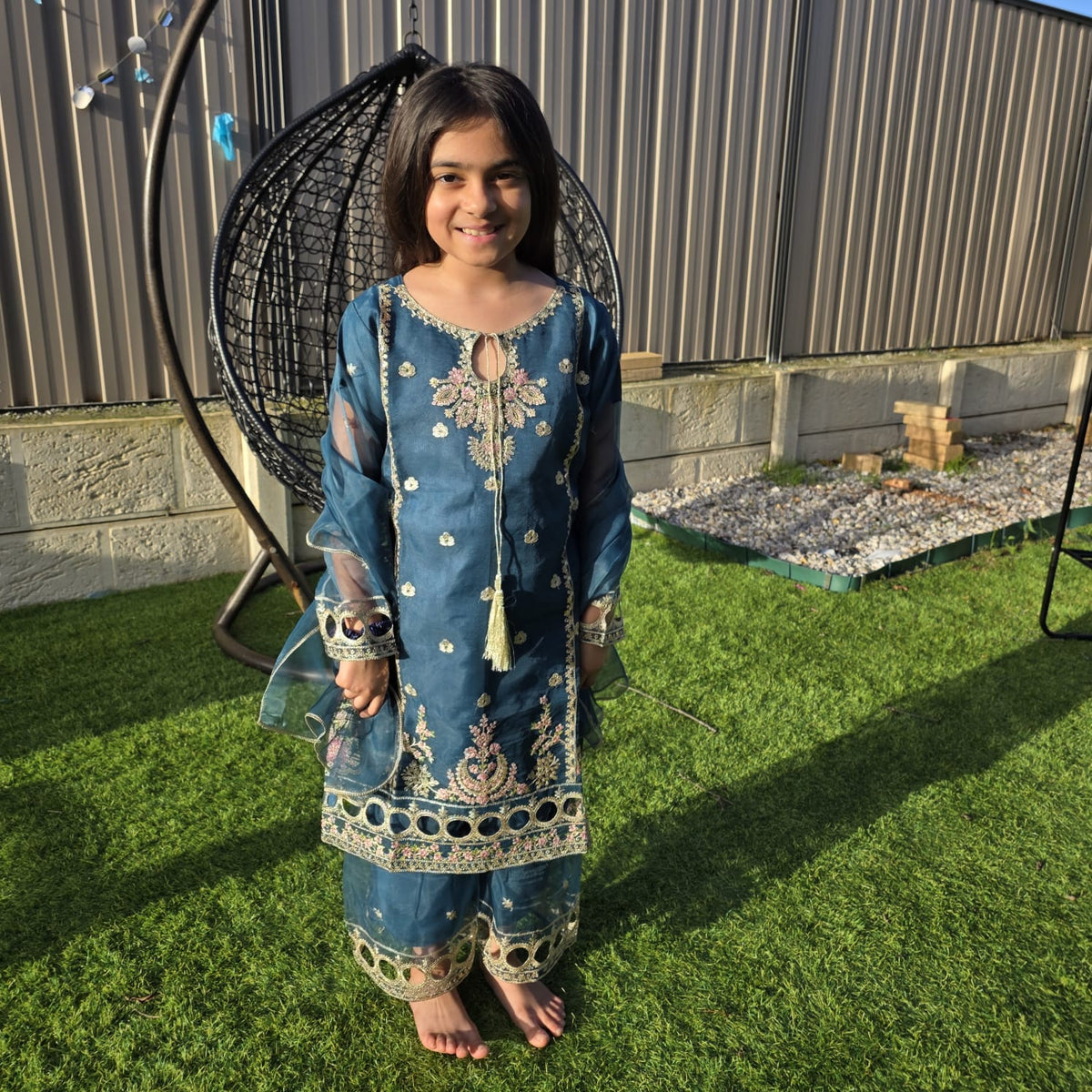 Sea Green Silk Kids Sharara Suit – Festive Elegance