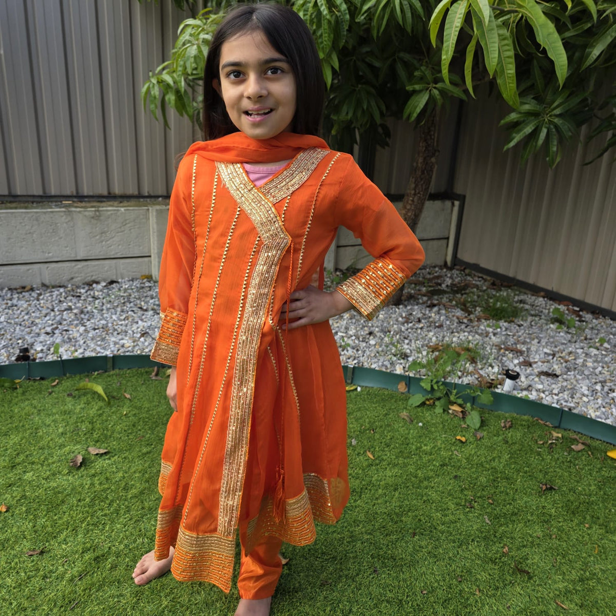 Orange Chiffon Kids Anarkali Dress – Angrakha Style