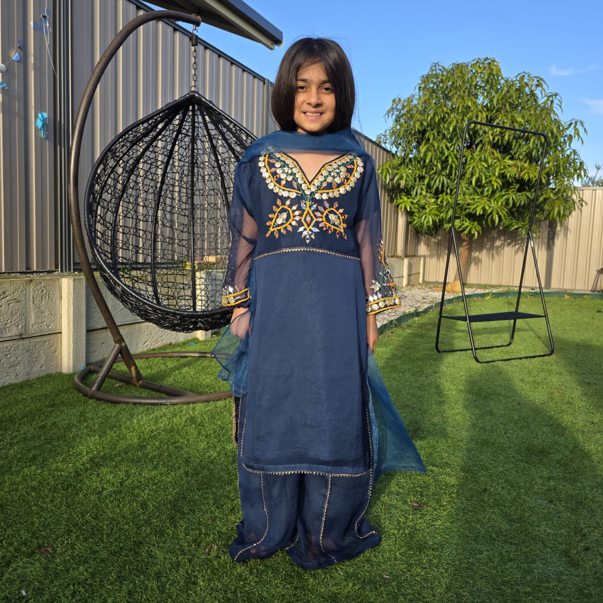 Teal Blue Chiffon Kids Sharara Suit – Festive Flair