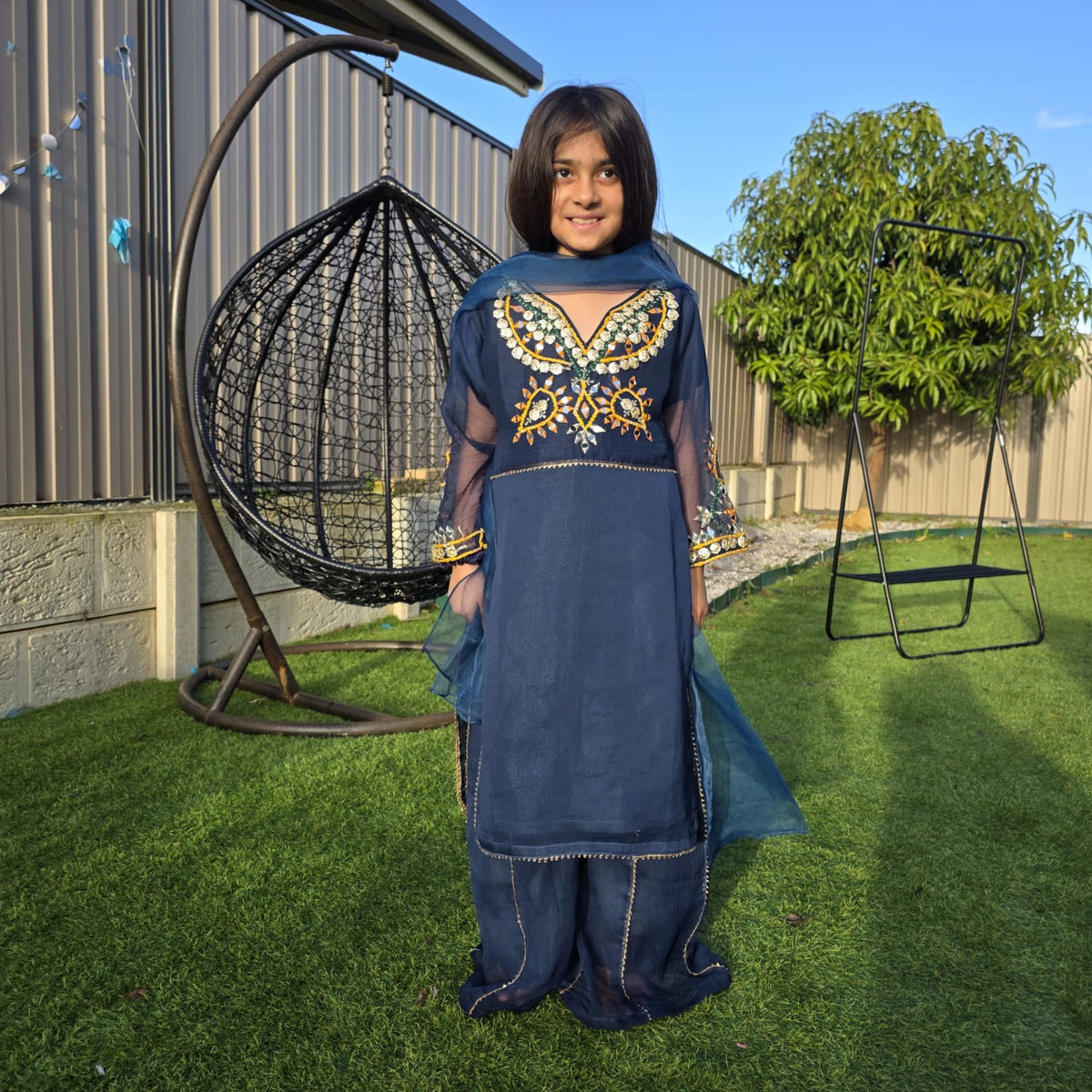 Teal Blue Chiffon Kids Sharara Suit – Festive Flair