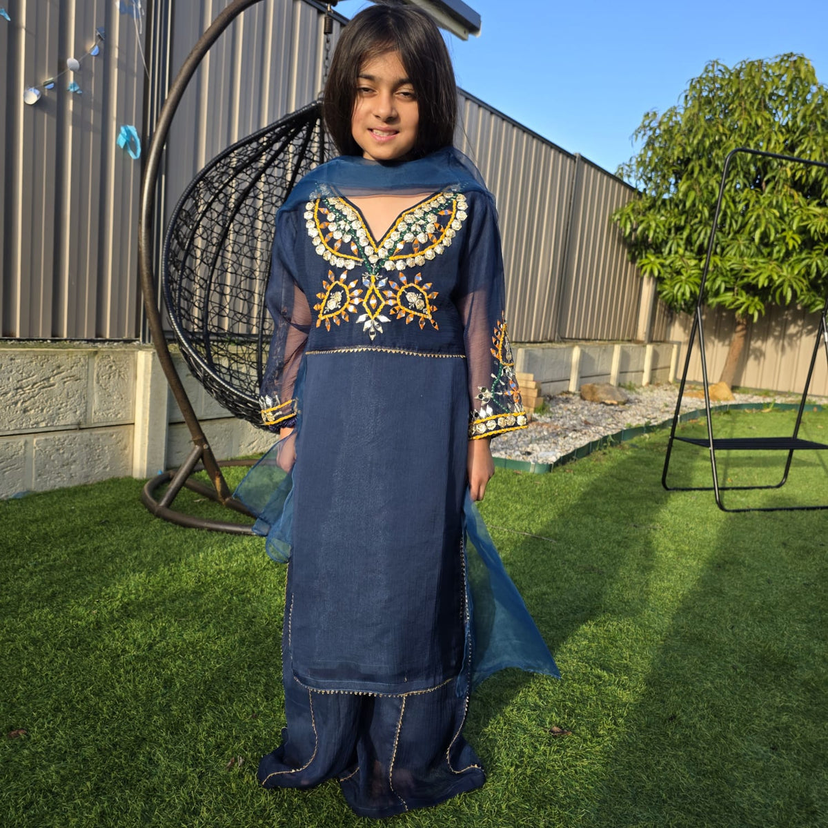 Teal Blue Chiffon Kids Sharara Suit – Festive Flair