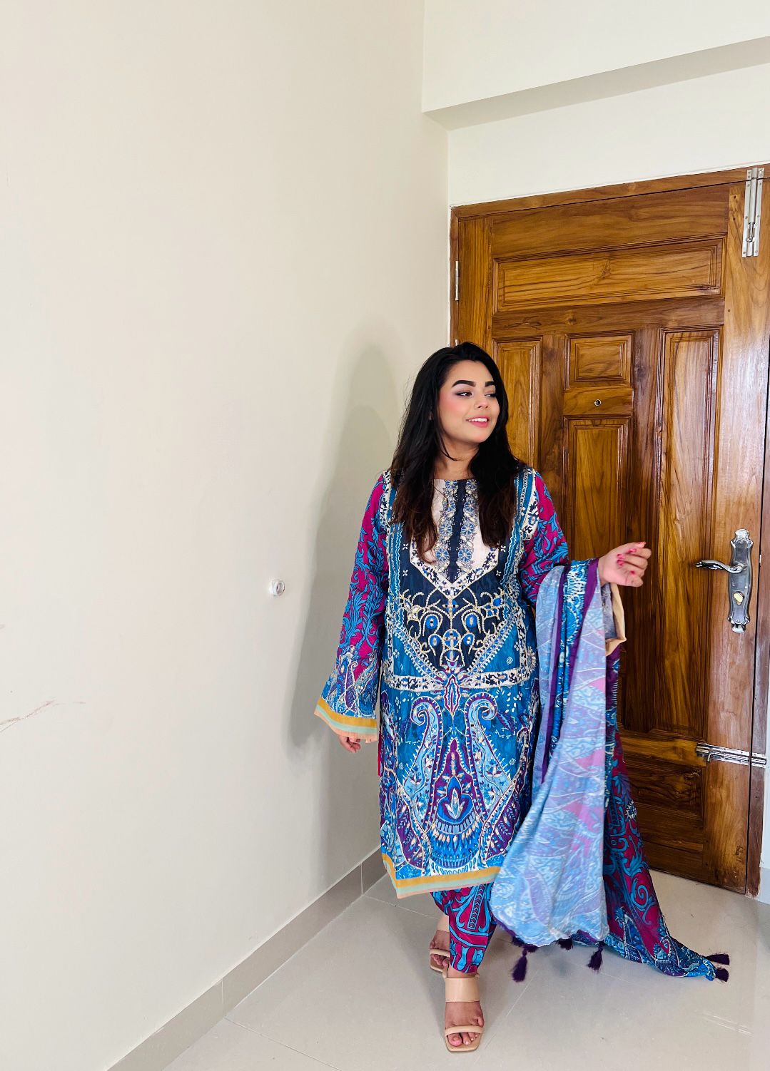 Elegant Chinon Silk Salwar Kameez with Embroidery & Dupatta – Festive Indian Dress