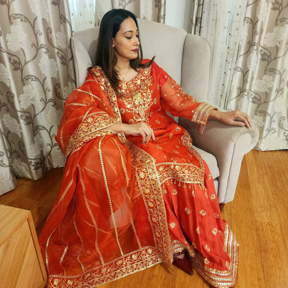 Pakistani Orange Organza Sharara