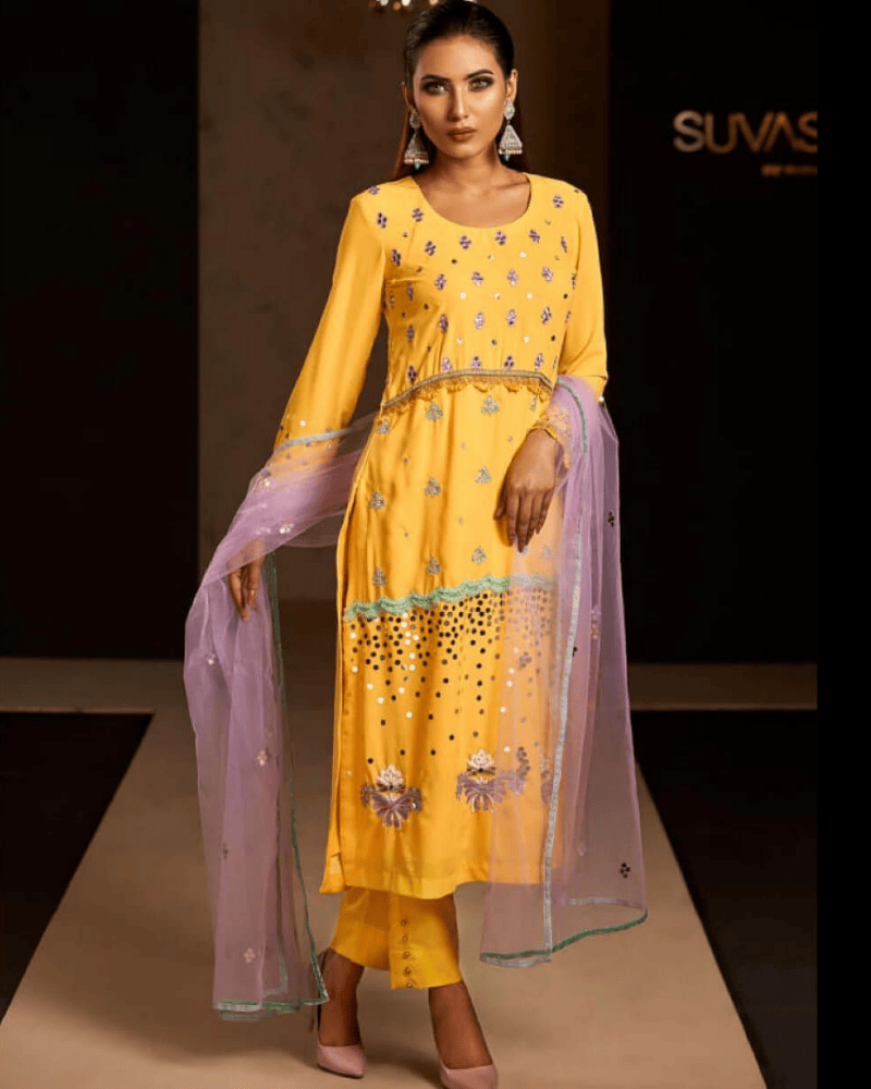 Yellow Makhon Georgette Salwar Suit – Silk Pants & Net Dupatta