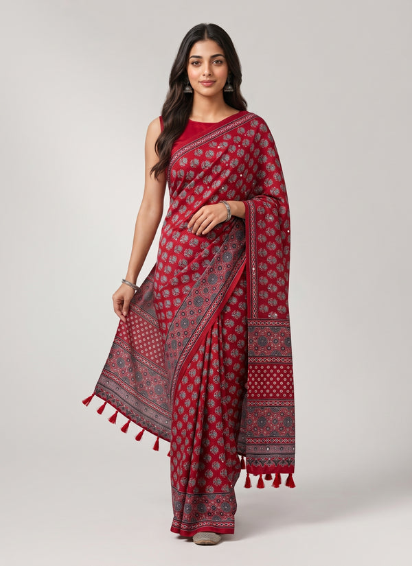 Diwali red ajrakh print saree with real mirror work and tassels