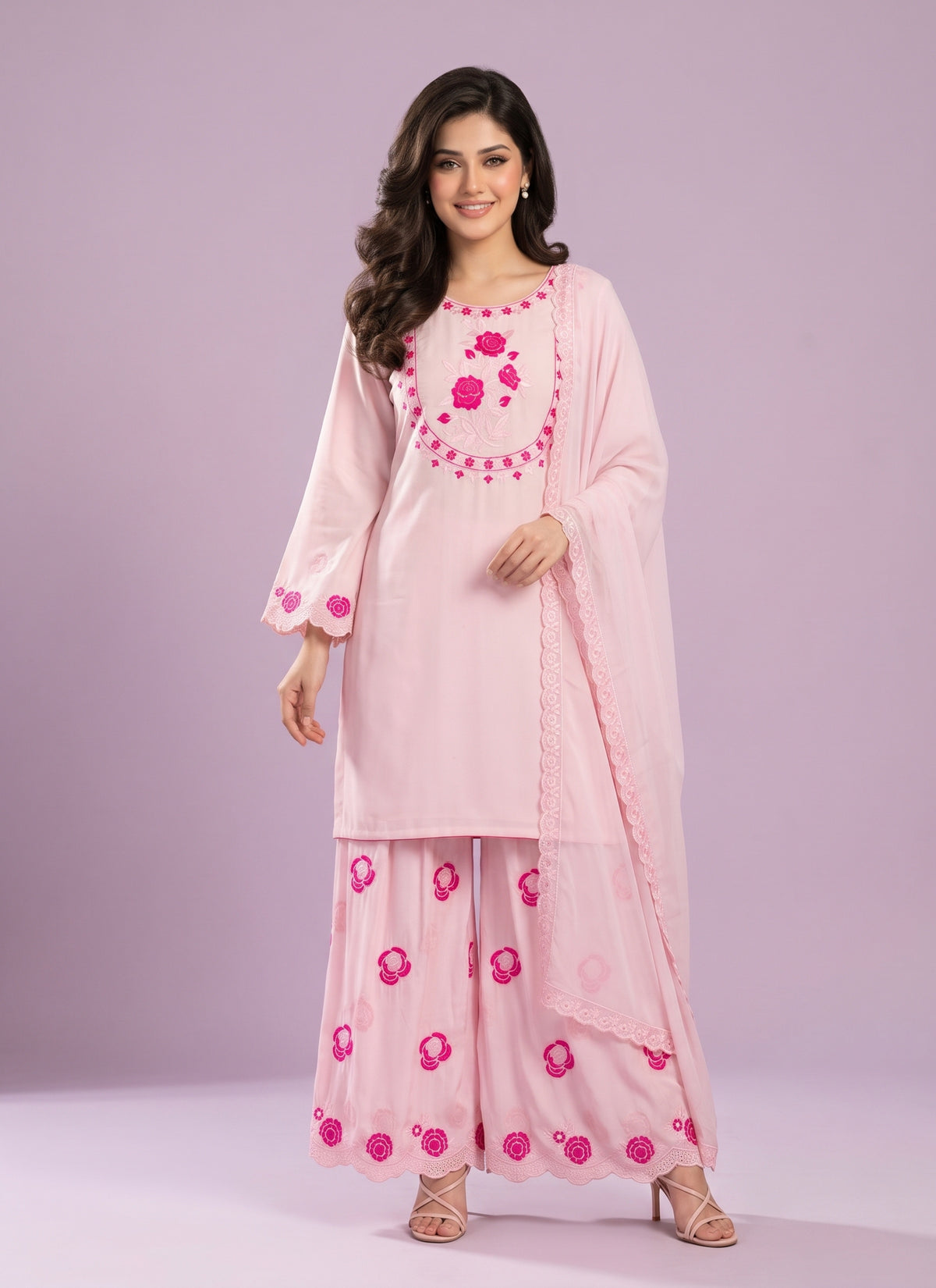 Diwali Baby Pink Crepe Farshi Palazzo Suit – Rose Embroidery Kurti with Bell Sleeves & Lace Dupatta Australia