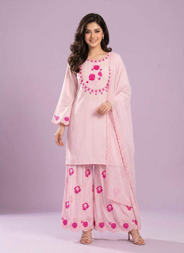 Baby pink crepe farshi palazzo suit with rose embroidery and dupatta - front