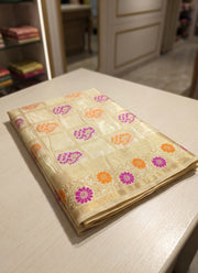 Diwali Bangalore Silk Saree – Cream Zari Check Saree with Magenta & Orange Butas, Mughal Pallu & Blouse Piece 5