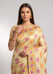 Diwali Bangalore Silk Saree – Cream Zari Check Saree with Magenta & Orange Butas, Mughal Pallu & Blouse Piece 4