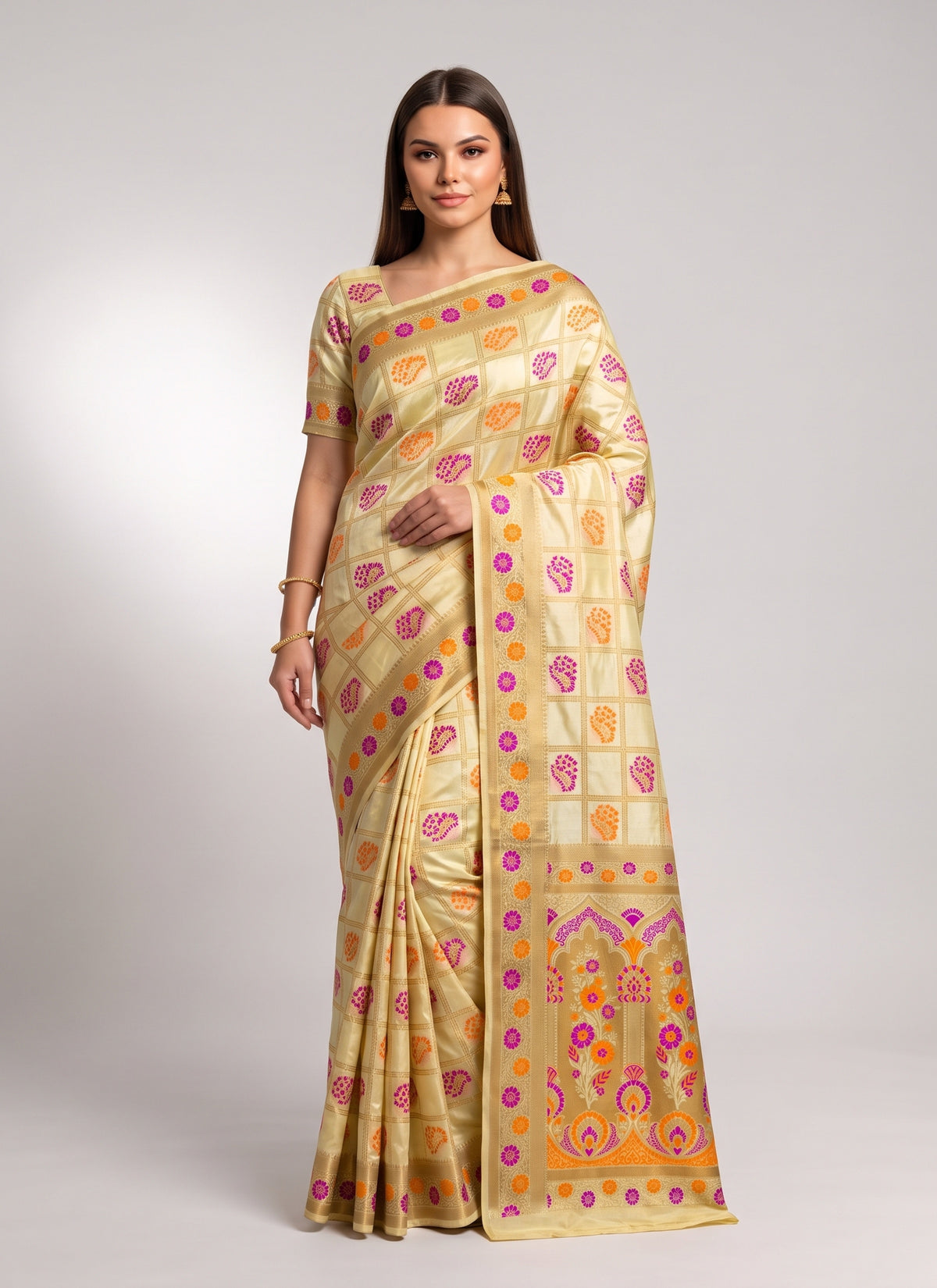 Diwali Bangalore Silk Saree – Cream Zari Check Saree with Magenta & Orange Butas, Mughal Pallu & Blouse Piece Australia