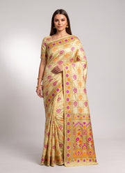 Diwali Bangalore Silk Saree – Cream Zari Check Saree with Magenta & Orange Butas, Mughal Pallu & Blouse Piece 1