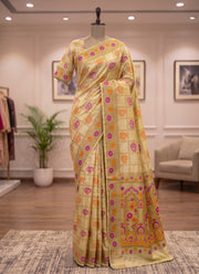Diwali Bangalore Silk Saree – Cream Zari Check Saree with Magenta & Orange Butas, Mughal Pallu & Blouse Piece 2
