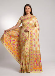 Diwali Bangalore Silk Saree – Cream Zari Check Saree with Magenta & Orange Butas, Mughal Pallu & Blouse Piece 3