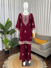 Diwali Slub Rayon Kurti Bell Bottom Set – Paisley Thread Work with Fringe Lace in Maroon & Rust 5