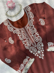 Diwali Slub Rayon Kurti Bell Bottom Set – Paisley Thread Work with Fringe Lace in Maroon & Rust 11