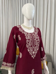 Diwali Slub Rayon Kurti Bell Bottom Set – Paisley Thread Work with Fringe Lace in Maroon & Rust 8