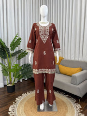 Diwali Slub Rayon Kurti Bell Bottom Set – Paisley Thread Work with Fringe Lace in Maroon & Rust 12