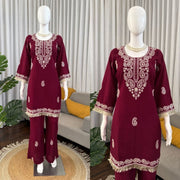 Diwali Slub Rayon Kurti Bell Bottom Set – Paisley Thread Work with Fringe Lace in Maroon & Rust 9