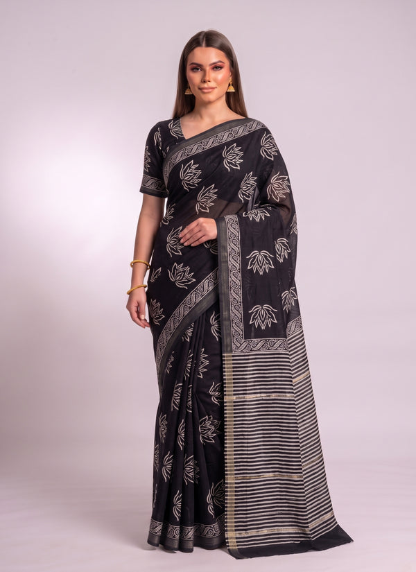 Black Maheshwari saree with off-white lotus block print – front view