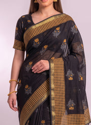 Diwali Black and Mustard Maheshwari Saree – Vegetable Dye Block Print Silk Cotton Saree with Matching Blouse 4