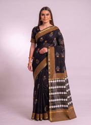 Diwali Black and Mustard Maheshwari Saree – Vegetable Dye Block Print Silk Cotton Saree with Matching Blouse 1