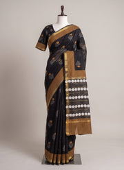 Diwali Black and Mustard Maheshwari Saree – Vegetable Dye Block Print Silk Cotton Saree with Matching Blouse 2