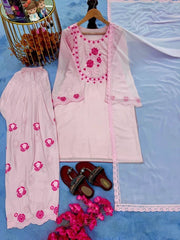 Diwali Baby Pink Crepe Farshi Palazzo Suit – Rose Embroidery Kurti with Bell Sleeves & Lace Dupatta 3