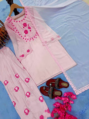Diwali Baby Pink Crepe Farshi Palazzo Suit – Rose Embroidery Kurti with Bell Sleeves & Lace Dupatta 4