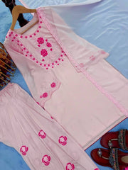 Diwali Baby Pink Crepe Farshi Palazzo Suit – Rose Embroidery Kurti with Bell Sleeves & Lace Dupatta 5