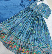 Diwali Chinon Anarkali Gown with Dupatta – Mirror & Golden Thread Work, 5 Metre Flare 12