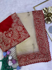 Diwali Champagne Gold Red Border Saree – Zipsy Silk with Paisley Sequin Embroidery & Red Embroidered Blouse 4