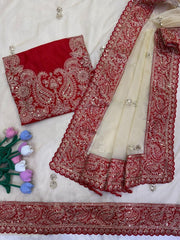 Diwali Champagne Gold Red Border Saree – Zipsy Silk with Paisley Sequin Embroidery & Red Embroidered Blouse 5