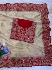 Diwali Champagne Gold Red Border Saree – Zipsy Silk with Paisley Sequin Embroidery & Red Embroidered Blouse 6