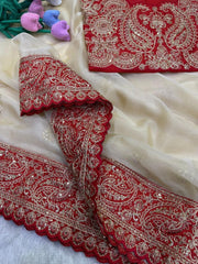 Diwali Champagne Gold Red Border Saree – Zipsy Silk with Paisley Sequin Embroidery & Red Embroidered Blouse 7
