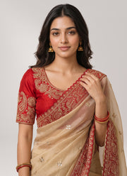 Diwali Champagne Gold Red Border Saree – Zipsy Silk with Paisley Sequin Embroidery & Red Embroidered Blouse 2