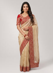 Diwali Champagne Gold Red Border Saree – Zipsy Silk with Paisley Sequin Embroidery & Red Embroidered Blouse 1