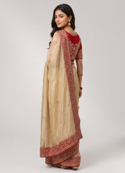 Diwali Champagne Gold Red Border Saree – Zipsy Silk with Paisley Sequin Embroidery & Red Embroidered Blouse 3
