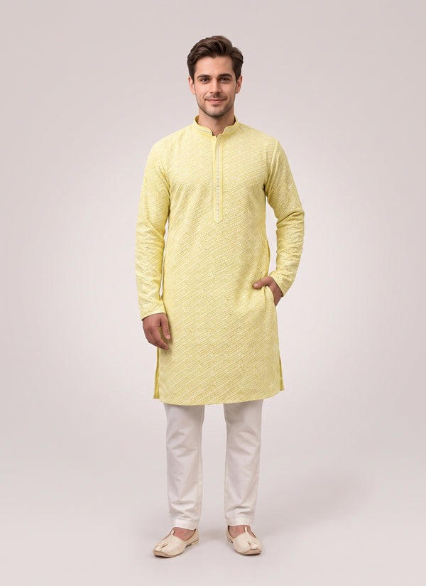 Yellow chikankari kurta pajama for men – front view