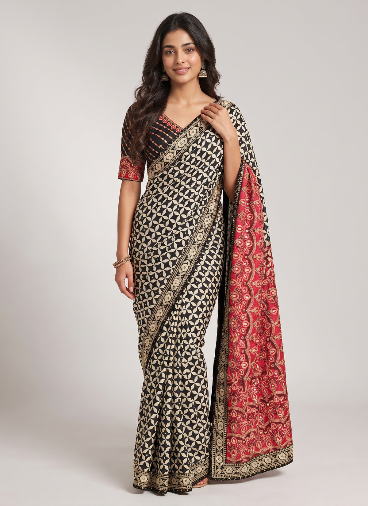 Diwali Chinon Silk Saree – Star Print Saree with Mirror Work, Embroidered Peacock Pallu & Lace Border in 3 Colours Australia