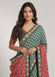 Diwali Chinon Silk Saree – Star Print Saree with Mirror Work, Embroidered Peacock Pallu & Lace Border in 3 Colours 9