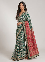 Diwali Chinon Silk Saree – Star Print Saree with Mirror Work, Embroidered Peacock Pallu & Lace Border in 3 Colours 7
