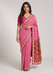 Diwali Chinon Silk Saree – Star Print Saree with Mirror Work, Embroidered Peacock Pallu & Lace Border in 3 Colours 4