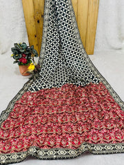 Diwali Chinon Silk Saree – Star Print Saree with Mirror Work, Embroidered Peacock Pallu & Lace Border in 3 Colours 2