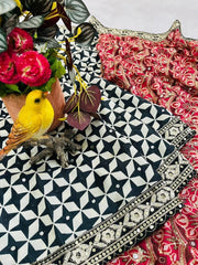 Diwali Chinon Silk Saree – Star Print Saree with Mirror Work, Embroidered Peacock Pallu & Lace Border in 3 Colours 10