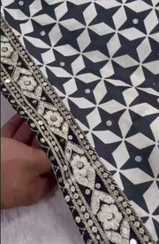 Diwali Chinon Silk Saree – Star Print Saree with Mirror Work, Embroidered Peacock Pallu & Lace Border in 3 Colours 12
