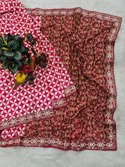 Diwali Chinon Silk Saree – Star Print Saree with Mirror Work, Embroidered Peacock Pallu & Lace Border in 3 Colours 15