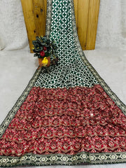 Diwali Chinon Silk Saree – Star Print Saree with Mirror Work, Embroidered Peacock Pallu & Lace Border in 3 Colours 8