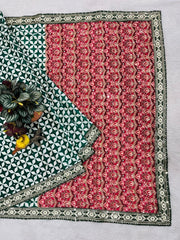 Diwali Chinon Silk Saree – Star Print Saree with Mirror Work, Embroidered Peacock Pallu & Lace Border in 3 Colours 18